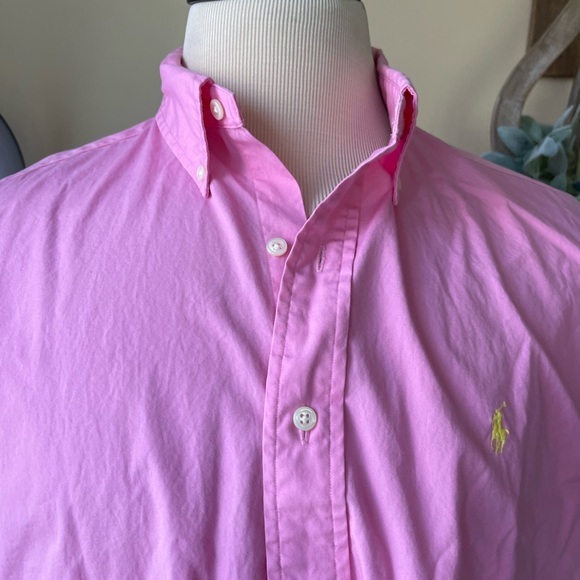 RALPH‎ LAUREN Pink Classic Fit Polo Button Down Shirt Yellow Pony Preppy LARGE - Picture 7 of 9